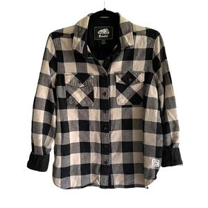 ROOTS Canada Park Plaid Flannel Buffalo Check Button Down Shirt Elbow Patches M